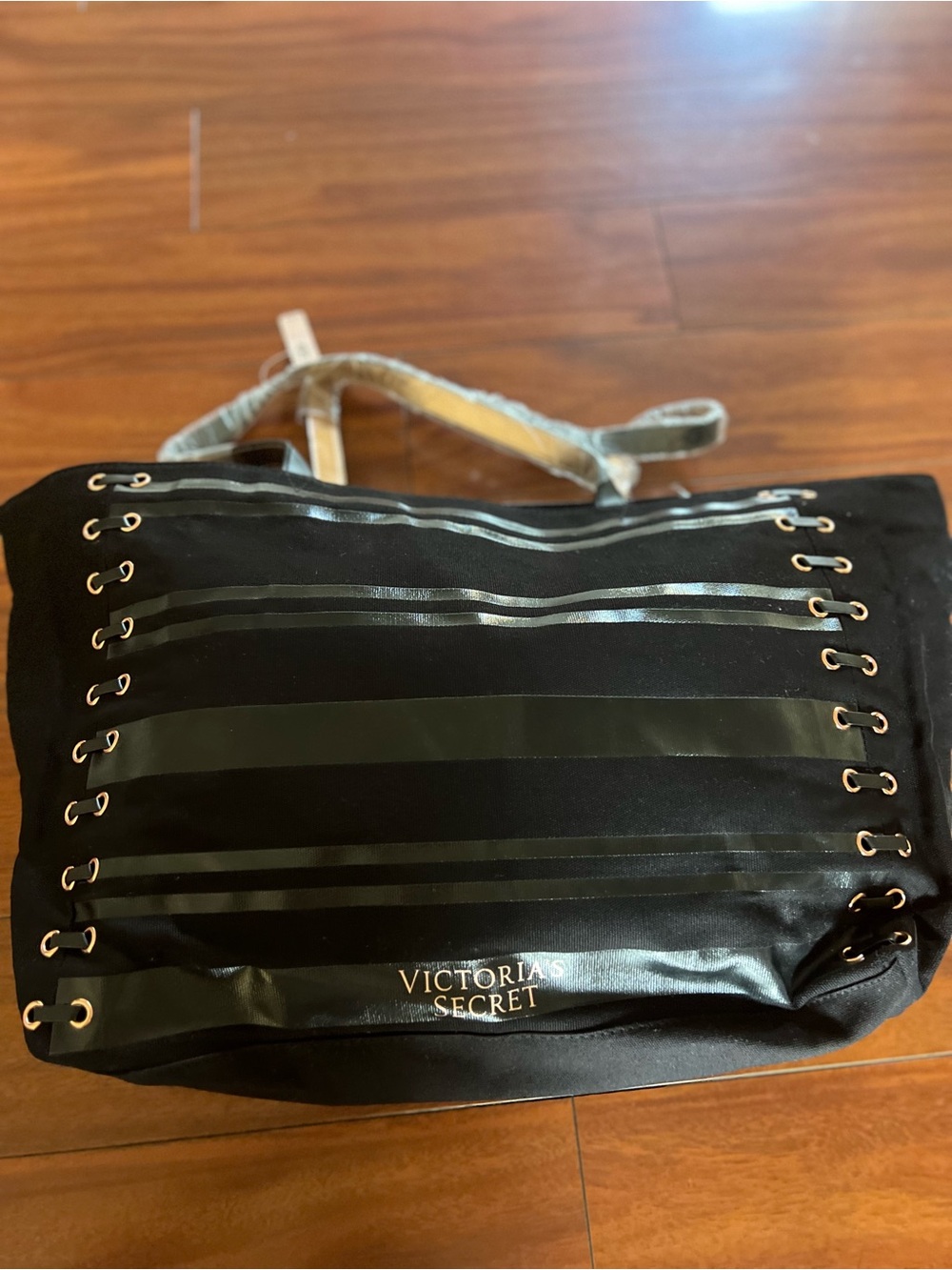 Victoria's Secret Black Satin Tote with Glossy Stripe Accents